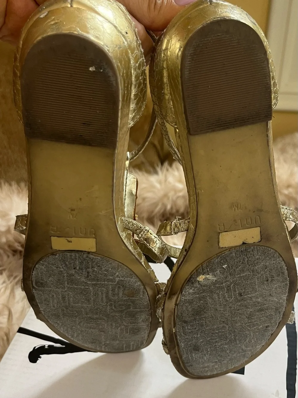 Unisa Gold Metallic Crystal Embellished T-Strap Heels